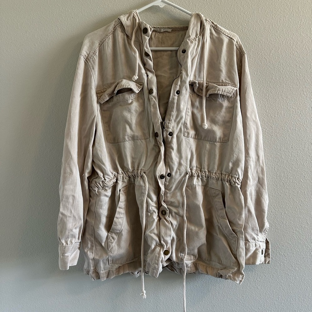 Jane + Delancey Beige Button-Up Jacket with Drawstring